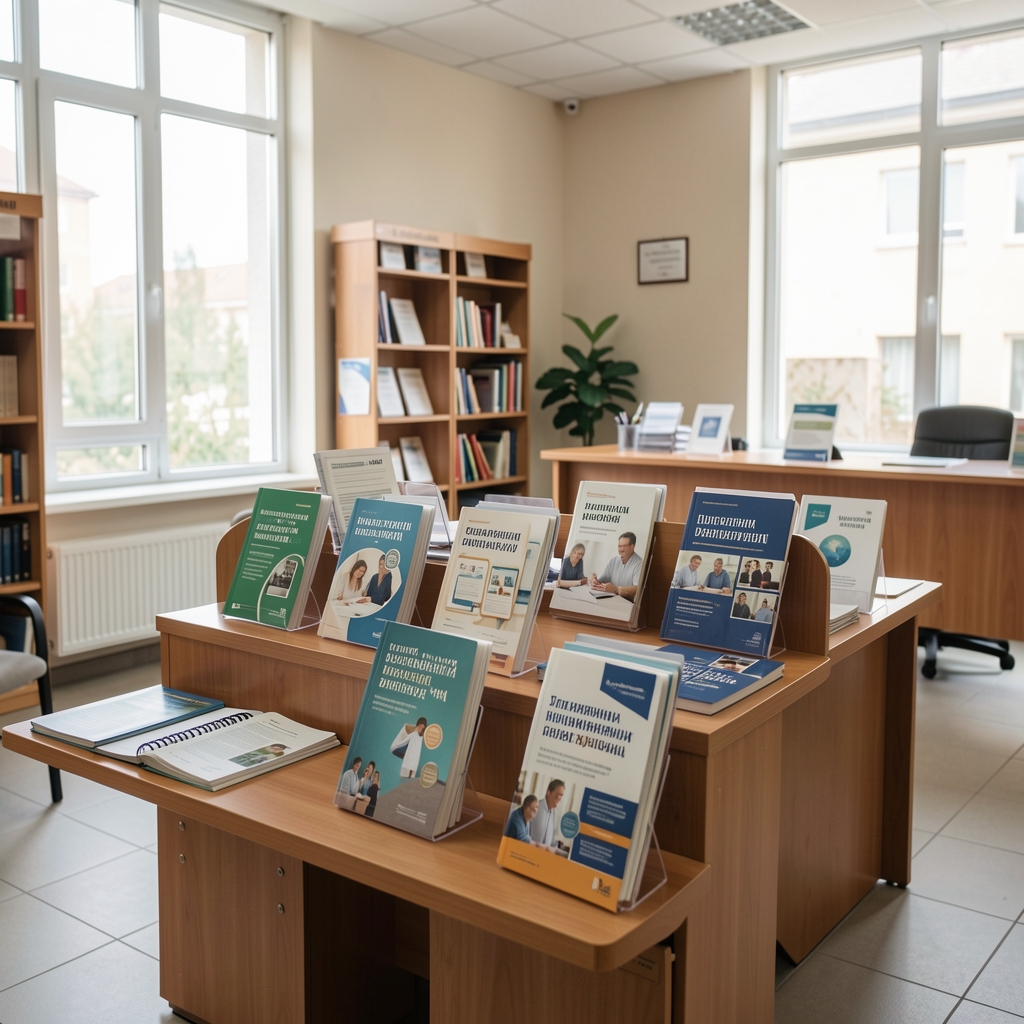 Информативни сто у јавној установи са брошурама о пензионим и социјалним правима